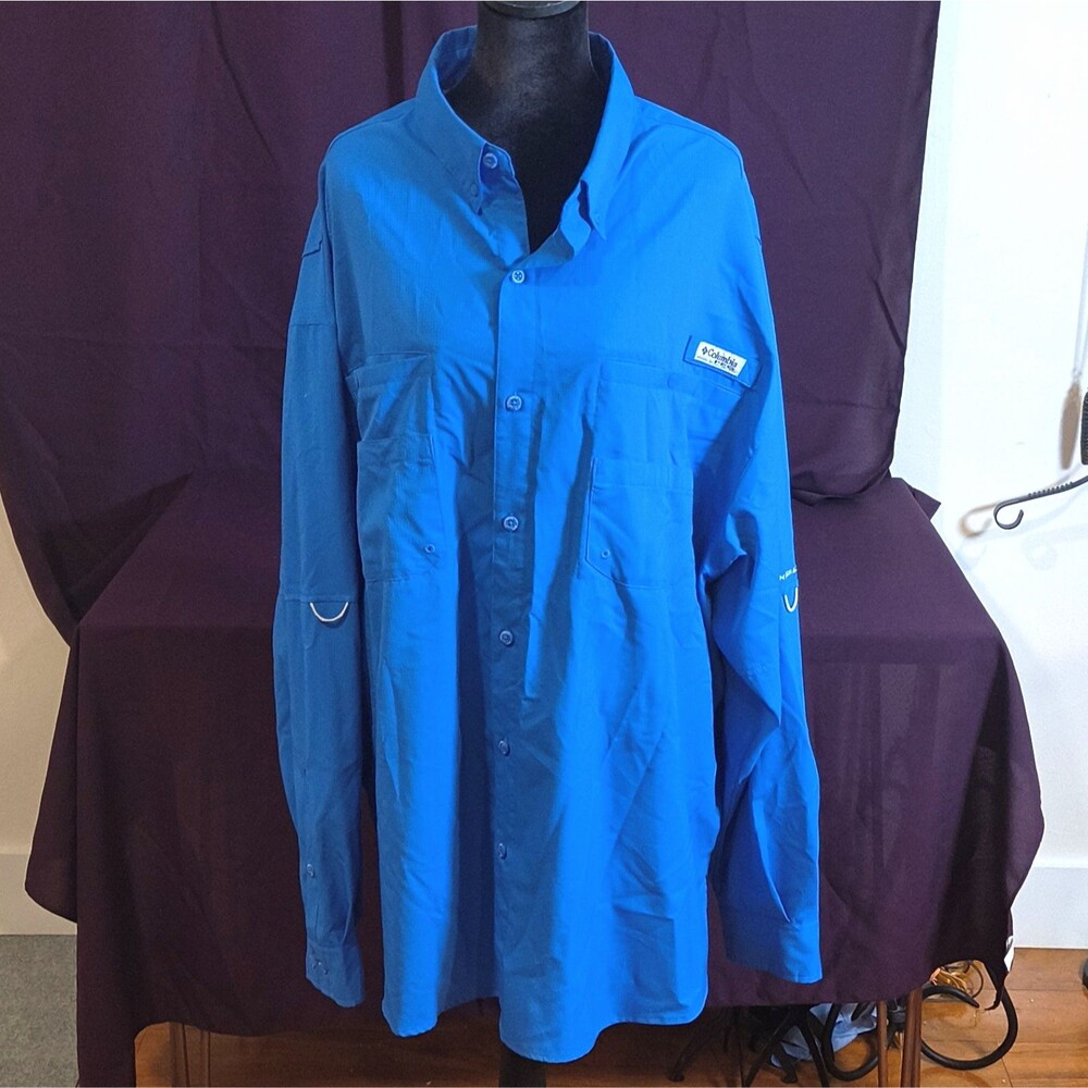 Columbia Men's Big & Tall 3XL Blue Solid Button-Up Shirt Pockets Woven